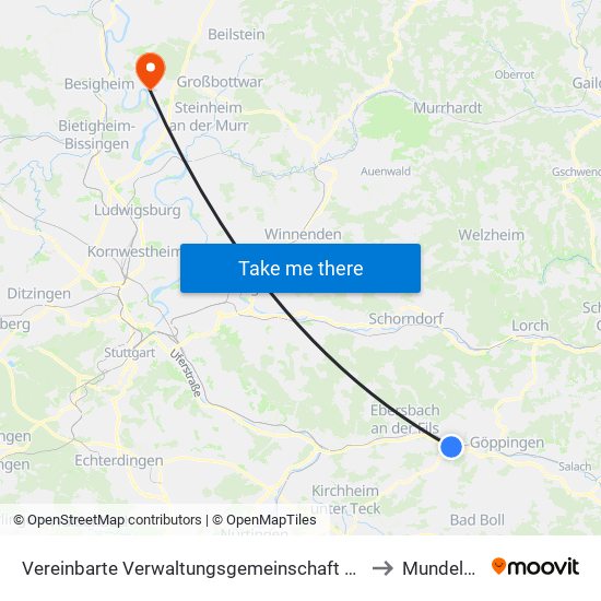 Vereinbarte Verwaltungsgemeinschaft Der Stadt Uhingen to Mundelsheim map