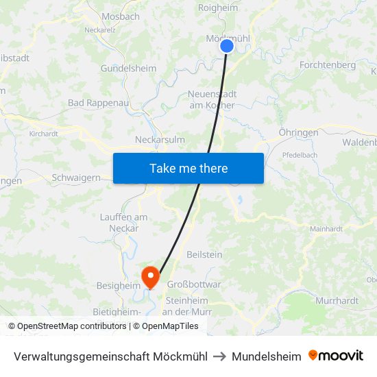 Verwaltungsgemeinschaft Möckmühl to Mundelsheim map