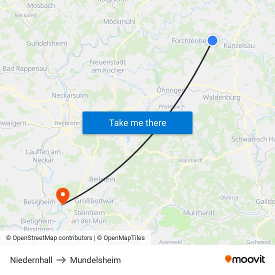 Niedernhall to Mundelsheim map