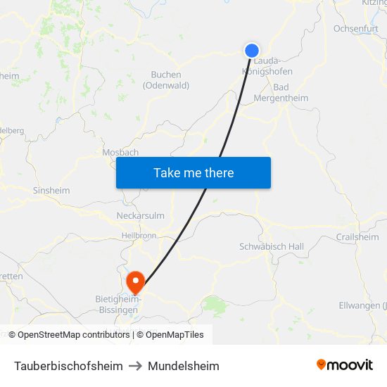 Tauberbischofsheim to Mundelsheim map