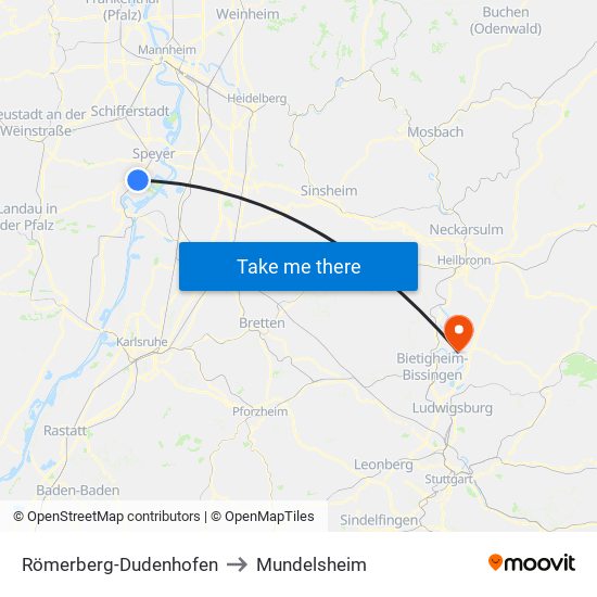 Römerberg-Dudenhofen to Mundelsheim map