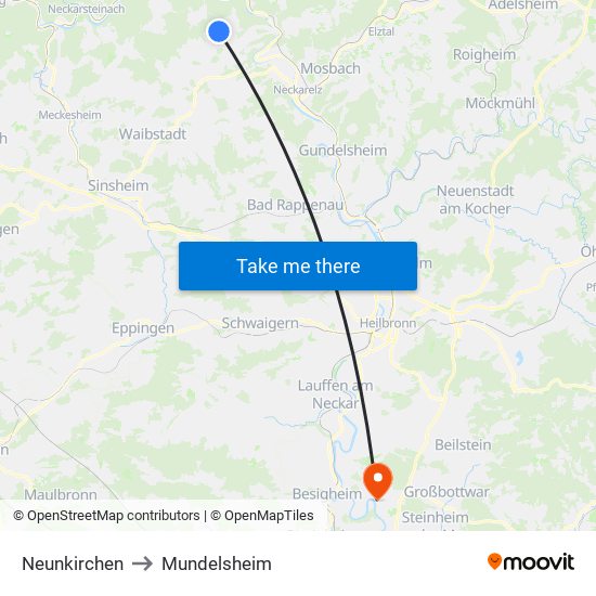 Neunkirchen to Mundelsheim map