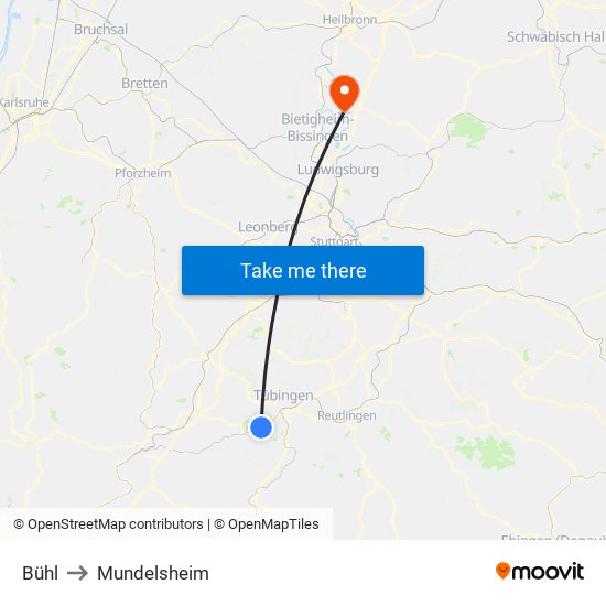 Bühl to Mundelsheim map