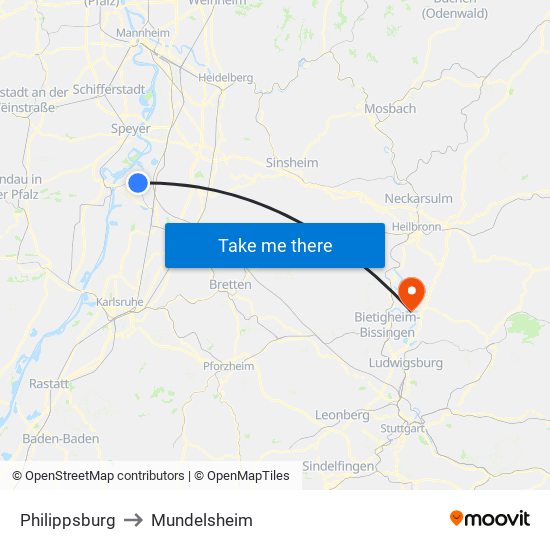 Philippsburg to Mundelsheim map