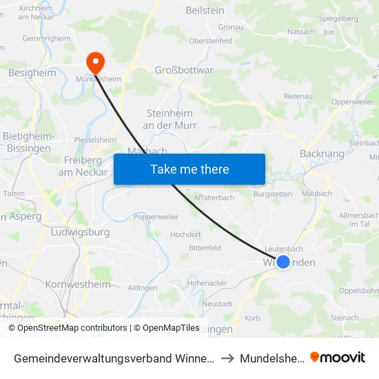 Gemeindeverwaltungsverband Winnenden to Mundelsheim map