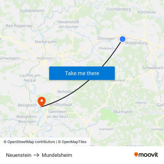 Neuenstein to Mundelsheim map