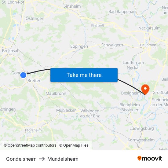 Gondelsheim to Mundelsheim map
