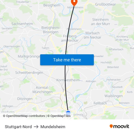 Stuttgart-Nord to Mundelsheim map