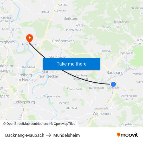 Backnang-Maubach to Mundelsheim map