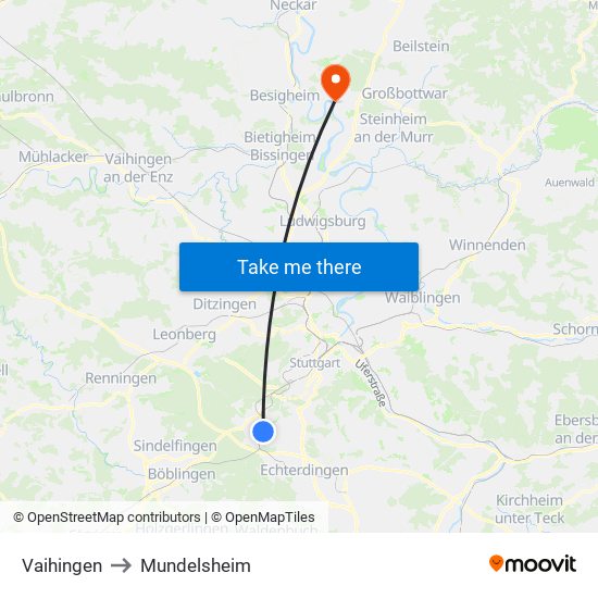 Vaihingen to Mundelsheim map