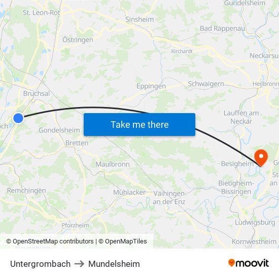 Untergrombach to Mundelsheim map