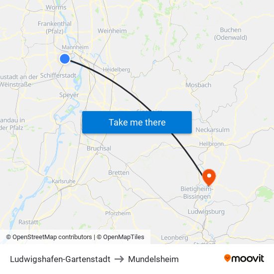 Ludwigshafen-Gartenstadt to Mundelsheim map