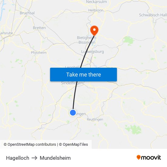 Hagelloch to Mundelsheim map