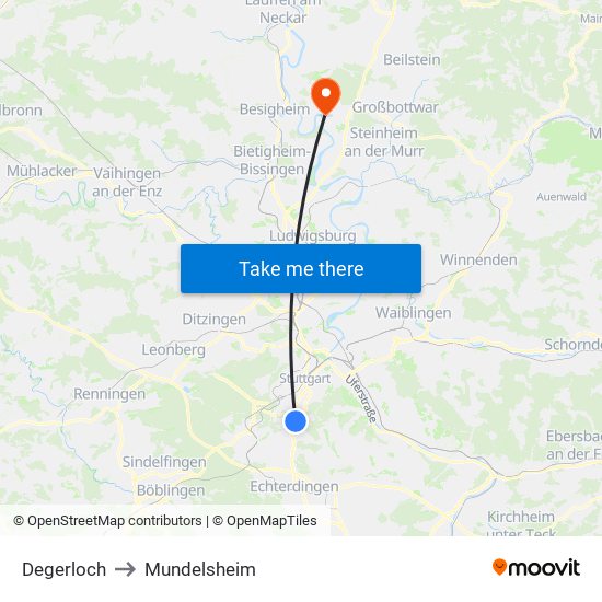 Degerloch to Mundelsheim map