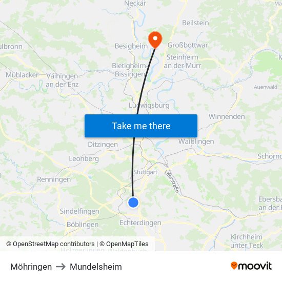 Möhringen to Mundelsheim map