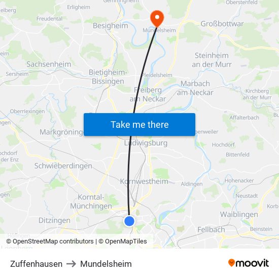 Zuffenhausen to Mundelsheim map