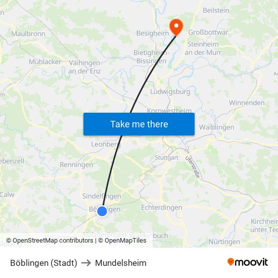 Böblingen (Stadt) to Mundelsheim map