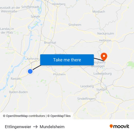 Ettlingenweier to Mundelsheim map