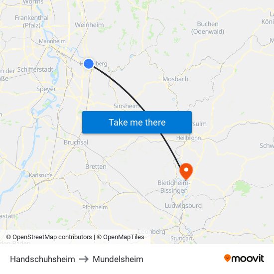 Handschuhsheim to Mundelsheim map