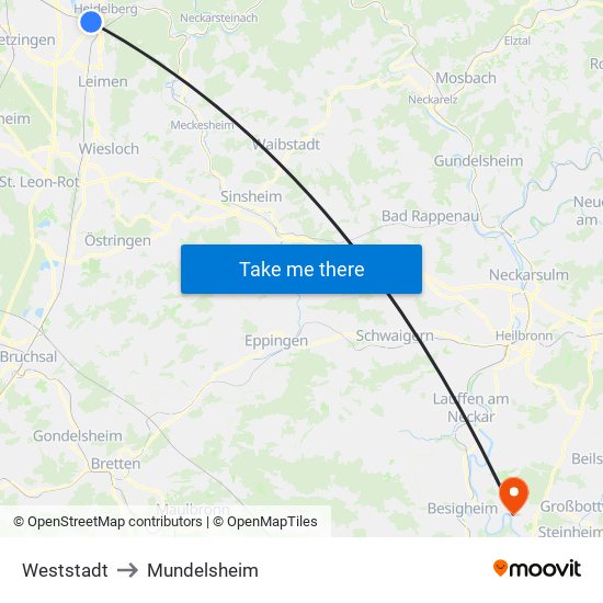 Weststadt to Mundelsheim map