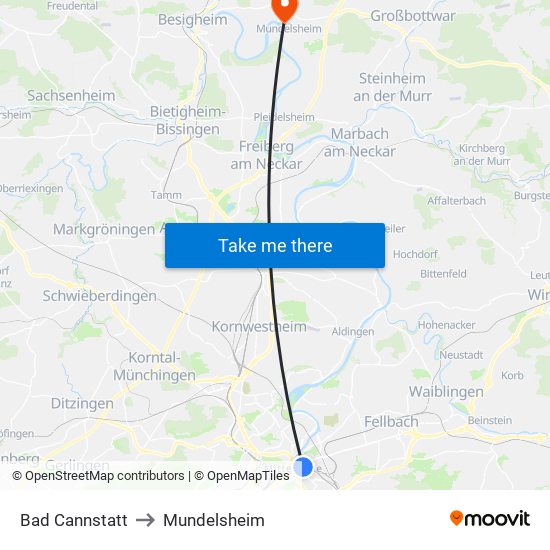 Bad Cannstatt to Mundelsheim map