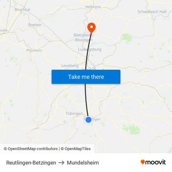 Reutlingen-Betzingen to Mundelsheim map