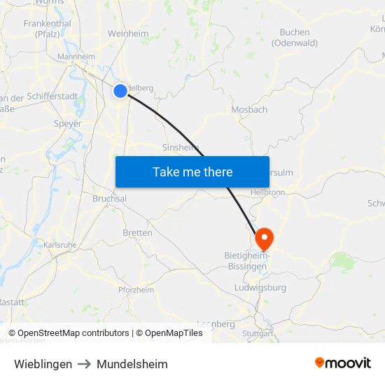 Wieblingen to Mundelsheim map