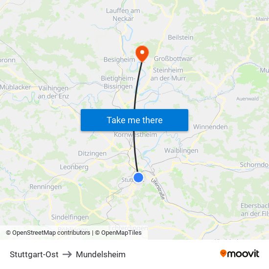 Stuttgart-Ost to Mundelsheim map