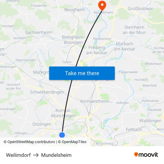 Weilimdorf to Mundelsheim map