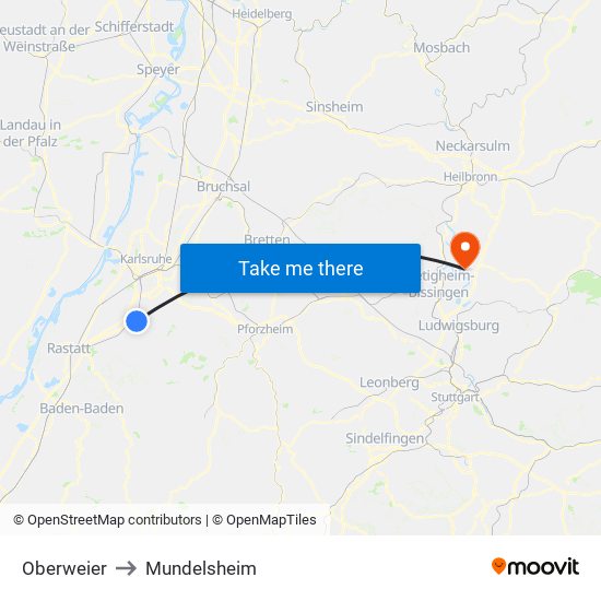 Oberweier to Mundelsheim map