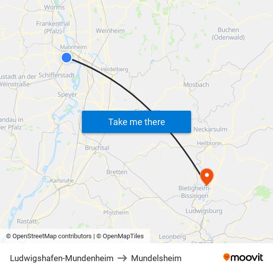 Ludwigshafen-Mundenheim to Mundelsheim map
