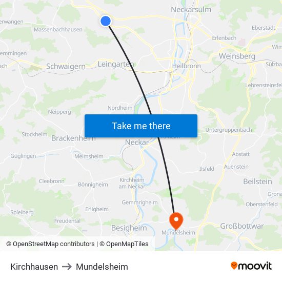 Kirchhausen to Mundelsheim map
