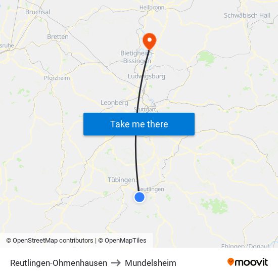 Reutlingen-Ohmenhausen to Mundelsheim map