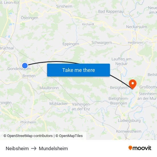 Neibsheim to Mundelsheim map