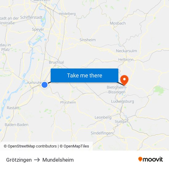 Grötzingen to Mundelsheim map