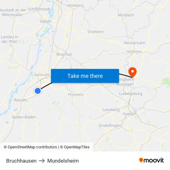 Bruchhausen to Mundelsheim map