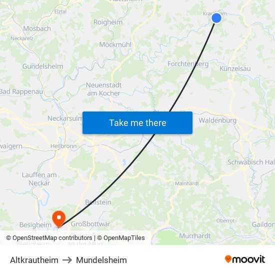 Altkrautheim to Mundelsheim map