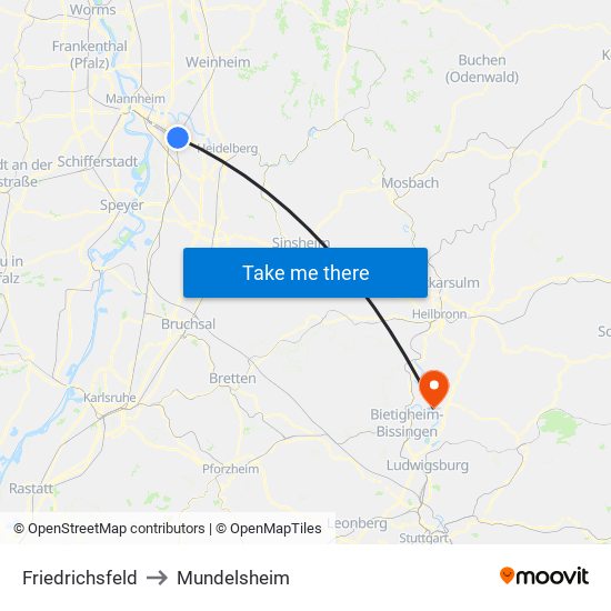 Friedrichsfeld to Mundelsheim map