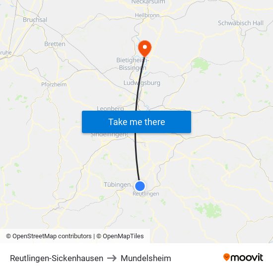 Reutlingen-Sickenhausen to Mundelsheim map