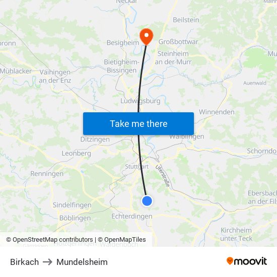 Birkach to Mundelsheim map
