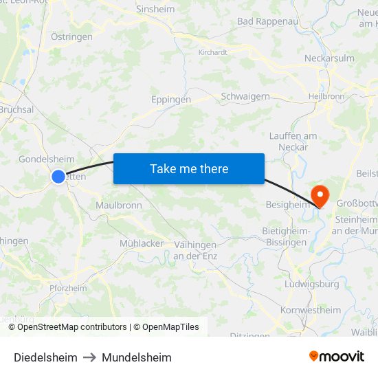 Diedelsheim to Mundelsheim map