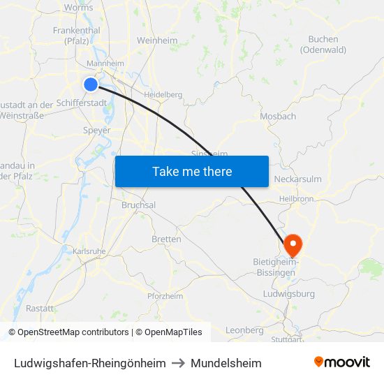 Ludwigshafen-Rheingönheim to Mundelsheim map