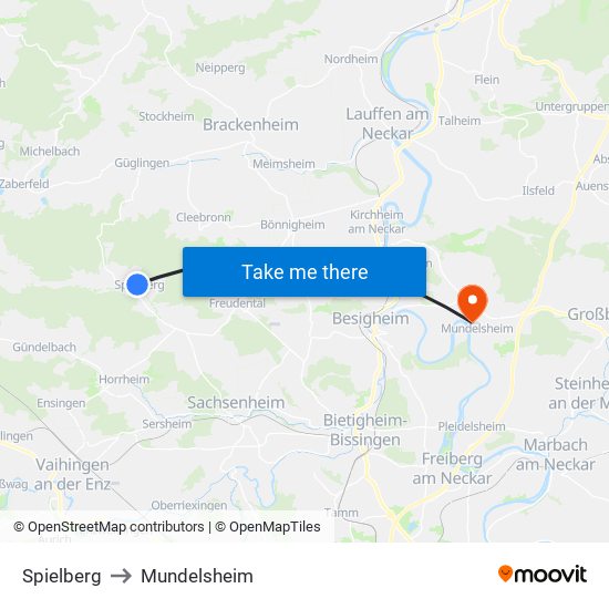 Spielberg to Mundelsheim map