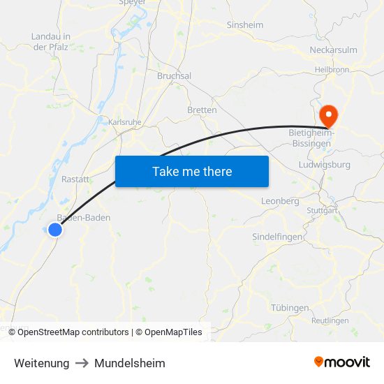 Weitenung to Mundelsheim map