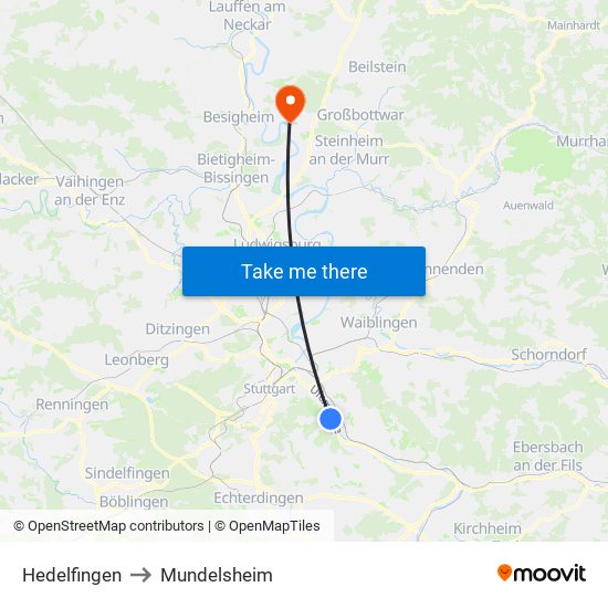 Hedelfingen to Mundelsheim map