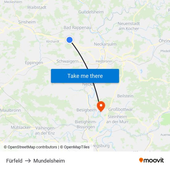 Fürfeld to Mundelsheim map