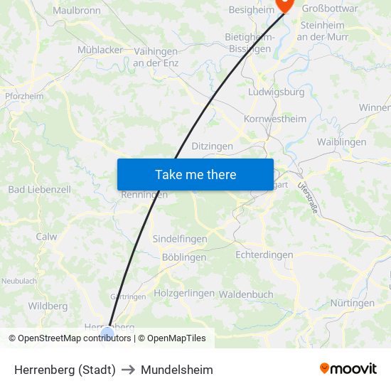 Herrenberg (Stadt) to Mundelsheim map