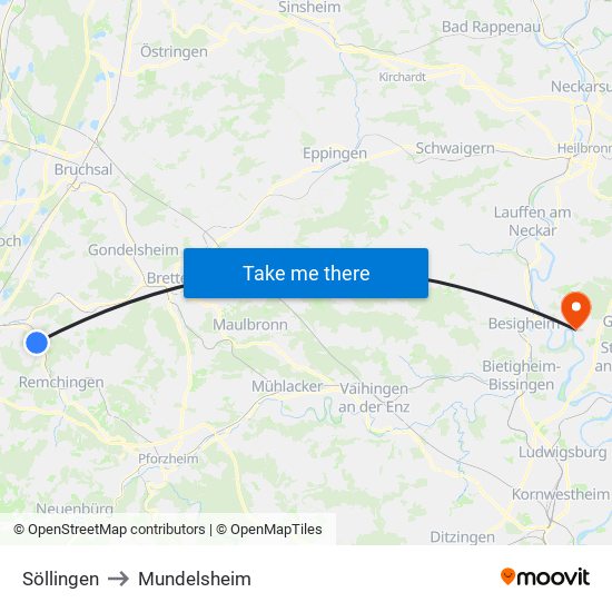 Söllingen to Mundelsheim map