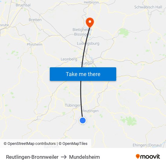 Reutlingen-Bronnweiler to Mundelsheim map