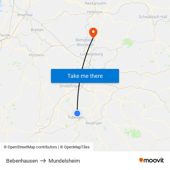 Bebenhausen to Mundelsheim map